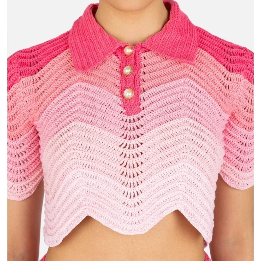 Casablanca SET Skirt Polo Crochet Pink Gradient Wave Knit Mini Cotton Cute Rare - Picture 4 of 12